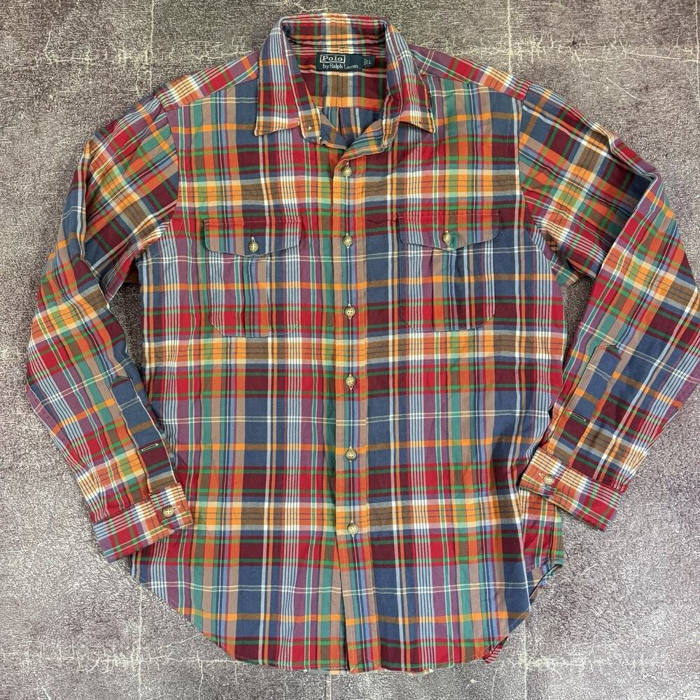 Men's Vintage 90's Polo Ralph Lauren Blue Plaid Flannel Long Sleeve Shirt Sz L